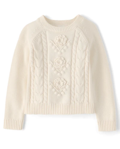 Girls Crochet Floral Cable Knit Sweater - Driftwood Bay
