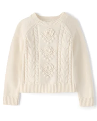 Girls Crochet Floral Cable Knit Sweater - Driftwood Bay