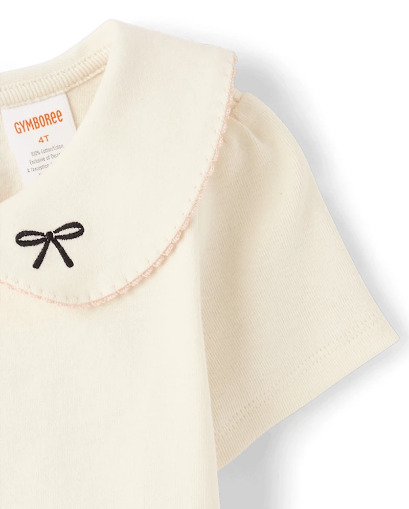 Girls Embroidered Bow Peter Pan Top - Petit Paris