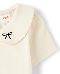 Girls Embroidered Bow Peter Pan Top - Petit Paris