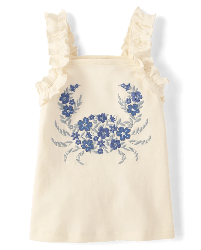 Girls Embroidered Sea Creature Ruffle Tank Top