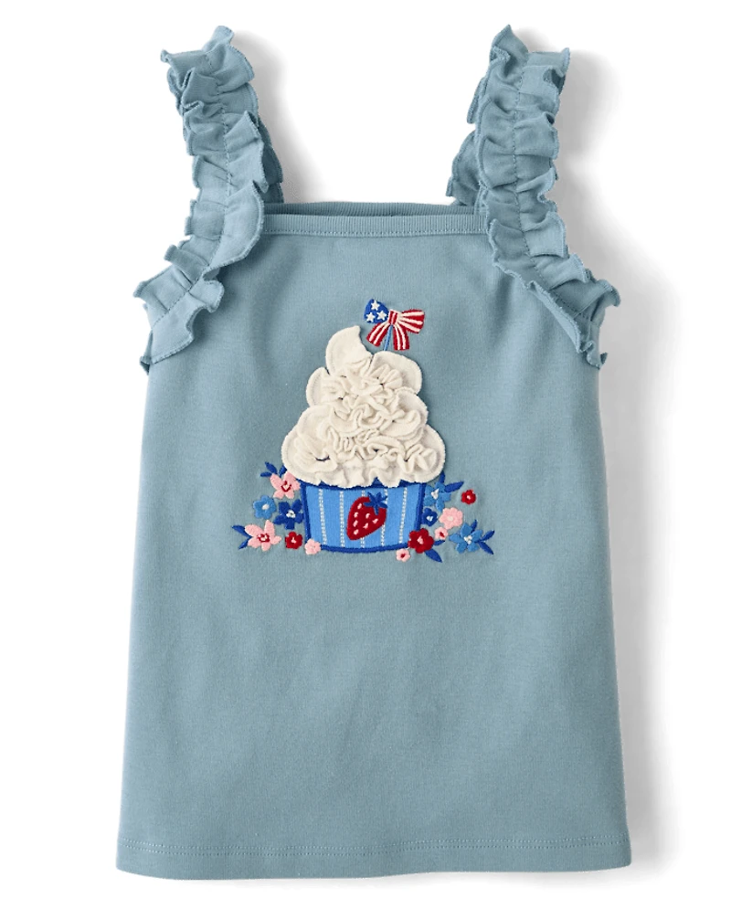 Girls Embroidered Cupcake Ruffle Tank Top - Nantucket Charm