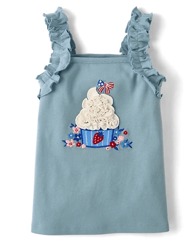 Girls Embroidered Cupcake Ruffle Tank Top - Nantucket Charm