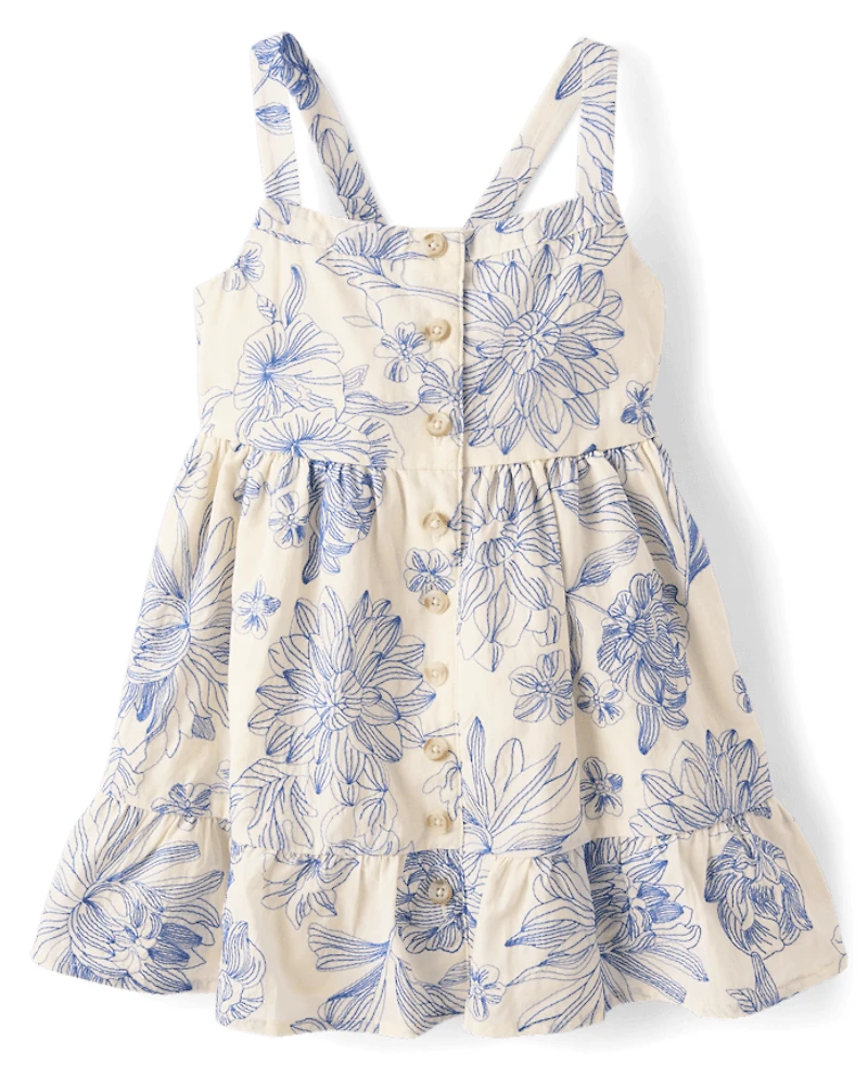 Girls Embroidered Floral Bow Button Front Dress - Driftwood Bay