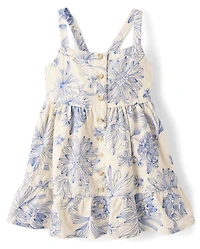 Girls Embroidered Floral Bow Button Front Dress - Driftwood Bay