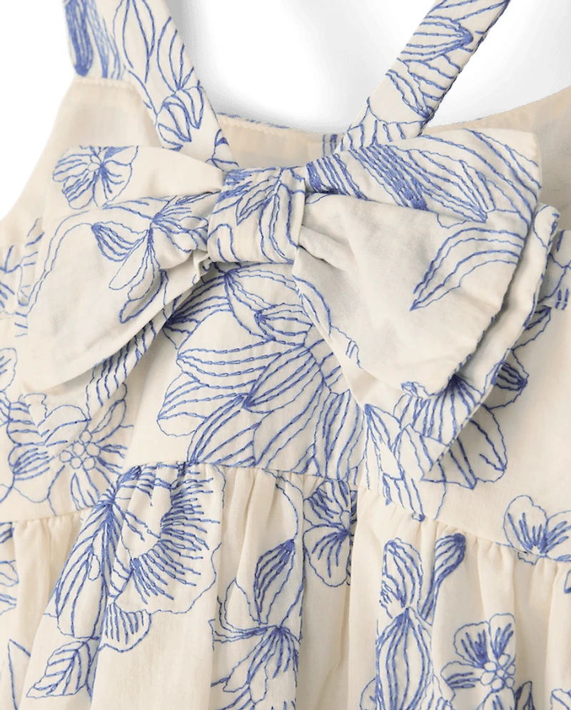 Girls Embroidered Floral Bow Button Front Dress - Driftwood Bay