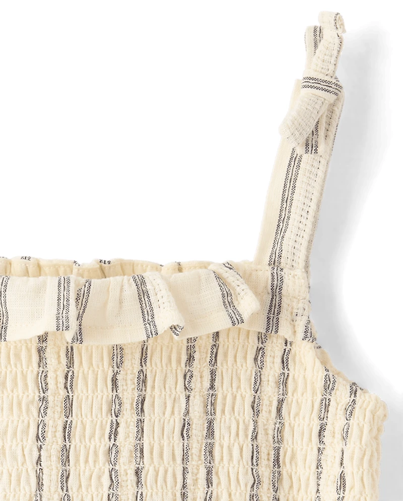 Girls Striped Textured Smocked Bow Shoulder Tank Top - Driftwood Bay