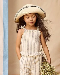 Girls Striped Textured Smocked Bow Shoulder Tank Top - Driftwood Bay