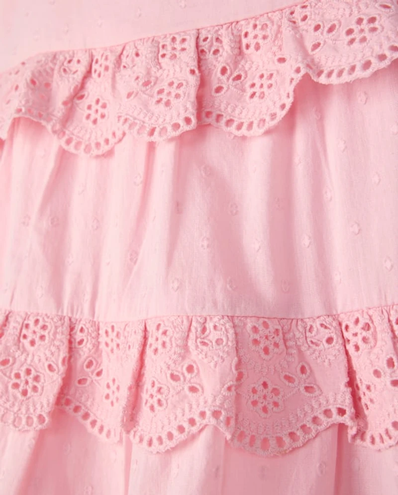 Girls Embroidered Eyelet Clip Dot Ruffle Dress - Driftwood Bay