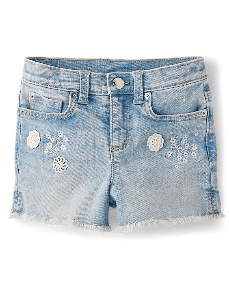 Short en jean effiloché à appliqués floraux pour filles - Little Essentials