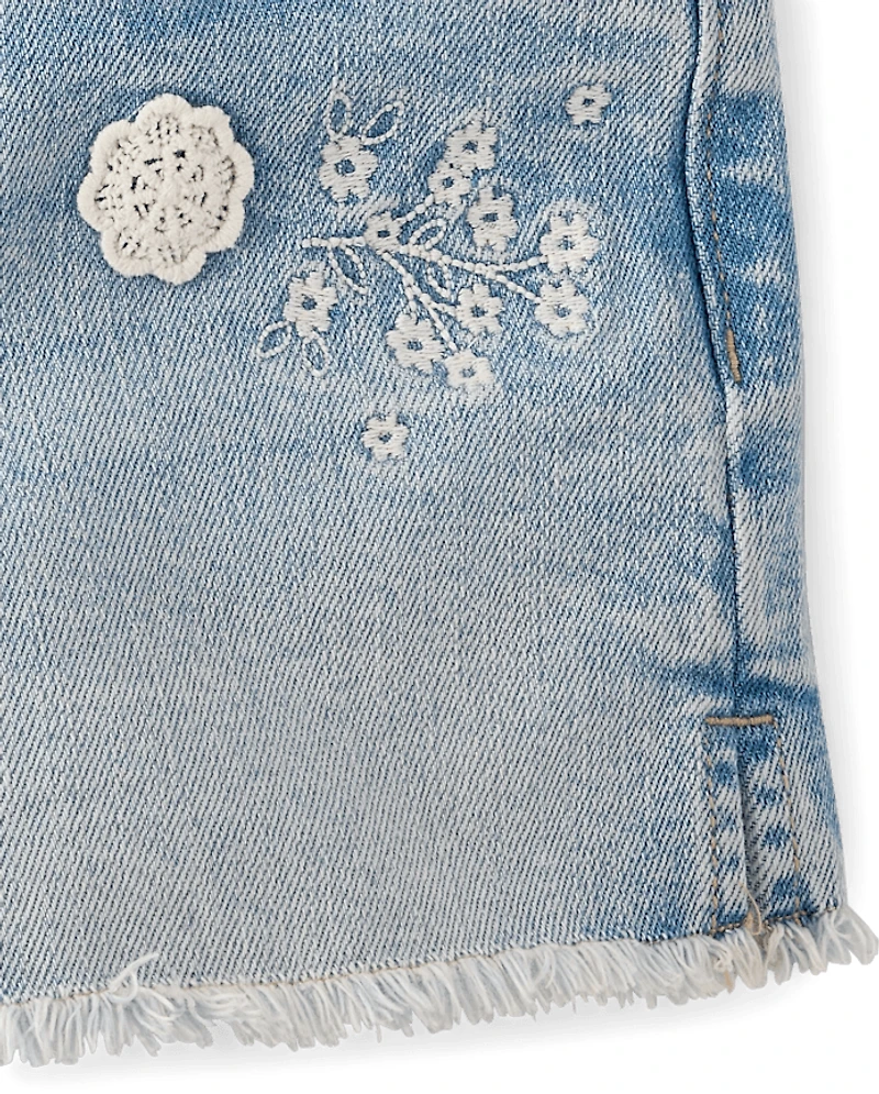 Girls Applique Floral Frayed Jean Shorts - Little Essentials