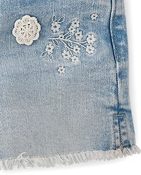 Girls Applique Floral Frayed Jean Shorts - Little Essentials