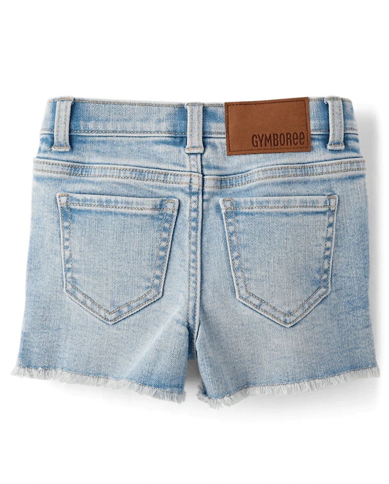 Girls Applique Floral Frayed Jean Shorts - Little Essentials
