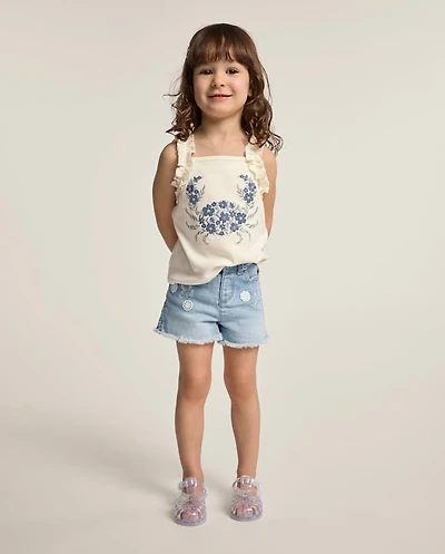 Girls Applique Floral Frayed Jean Shorts - Little Essentials