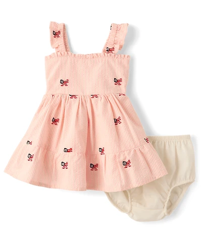 Baby Girls Embroidered Flag Seersucker Tiered Dress - Nantucket Charm