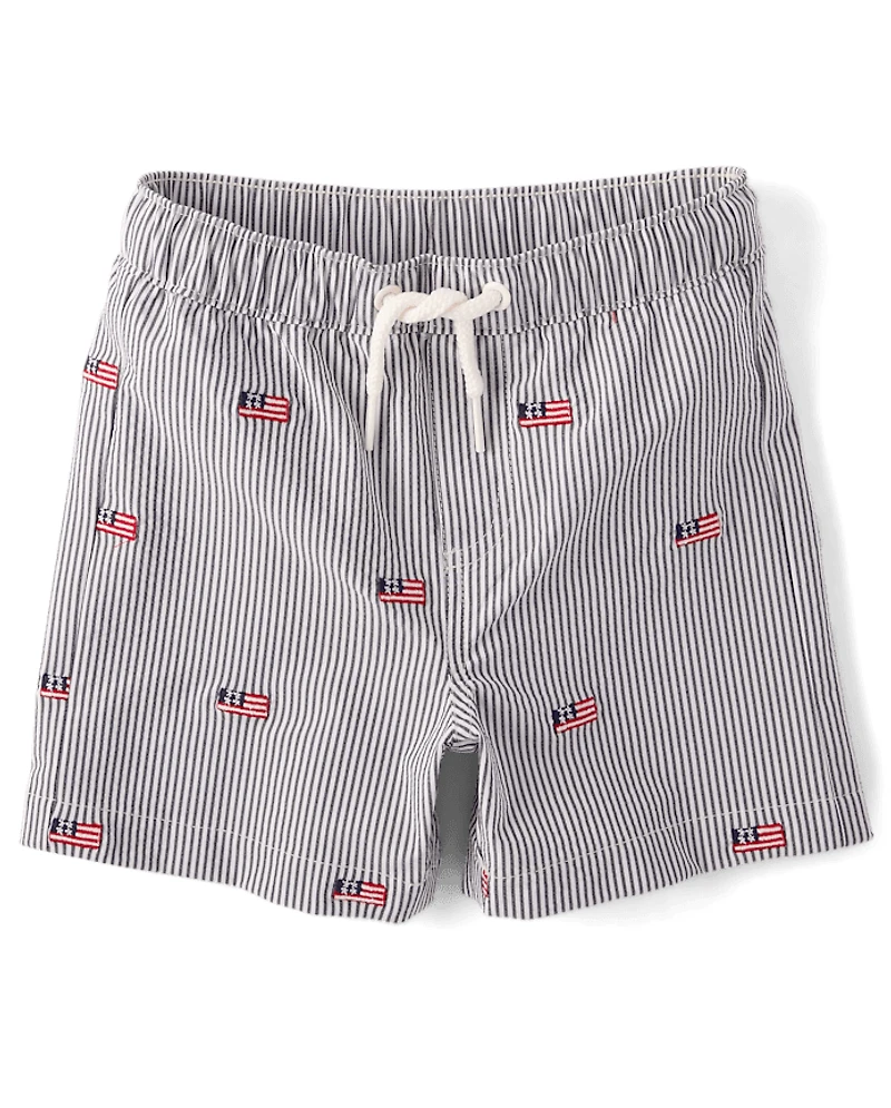 Boys Embroidered Flag Seersucker Swim Trunks - Shop