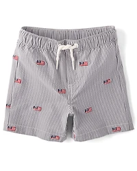 Boys Embroidered Flag Seersucker Swim Trunks - Shop