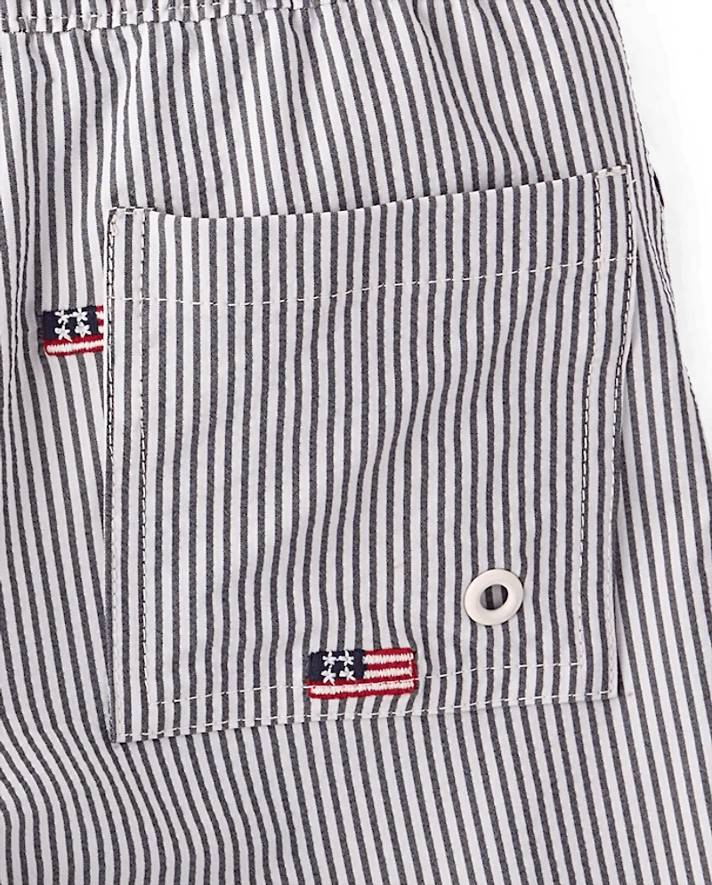 Boys Embroidered Flag Seersucker Swim Trunks - Shop