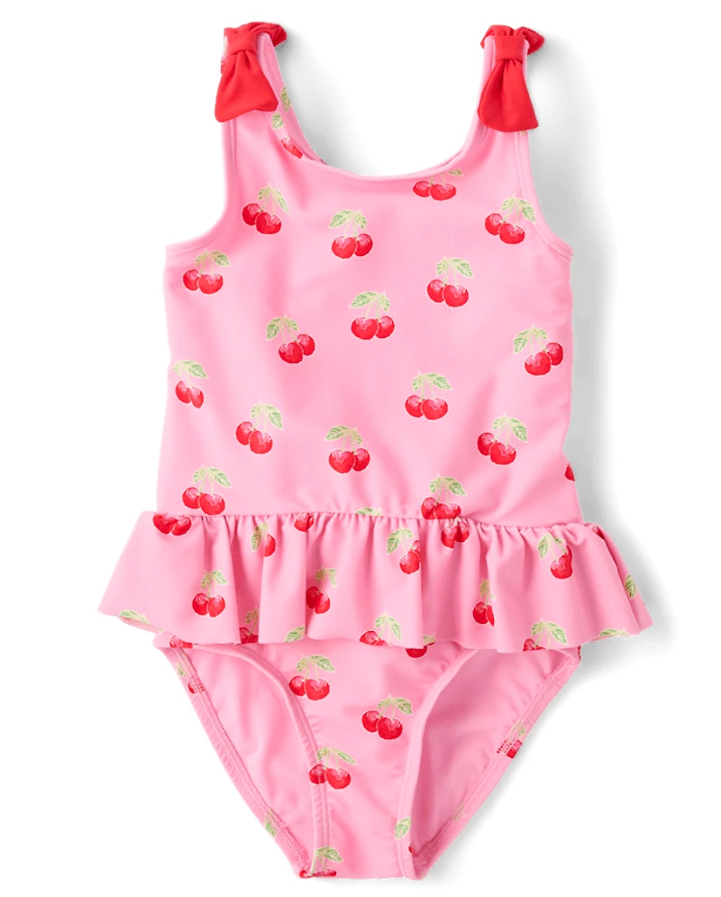 Girls Cherry Bow Ruffle One Piece Swimsuit - Swim Shop
