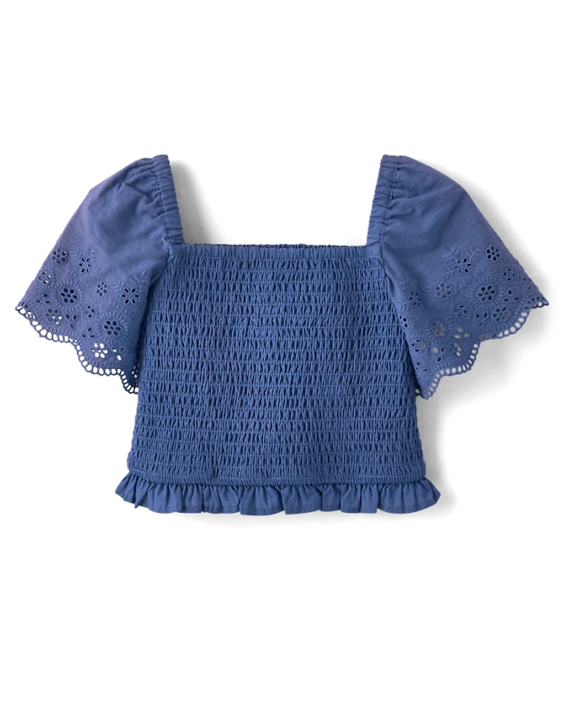 Girls Embroidered Eyelet Smocked Top - Driftwood Bay