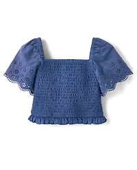 Girls Embroidered Eyelet Smocked Top - Driftwood Bay