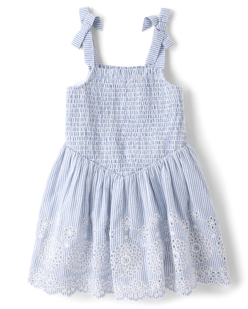 Robe rayée à œillets brodés et nœud papillon pour fille - Driftwood Bay