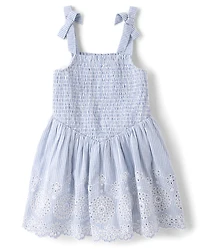 Robe rayée à œillets brodés et nœud papillon pour fille - Driftwood Bay