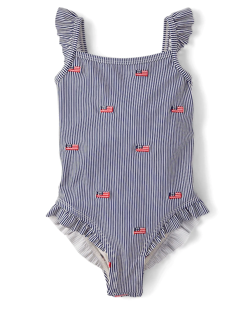 Girls Embroidered Flag Flutter One Piece Swimsuit - Swim Shop