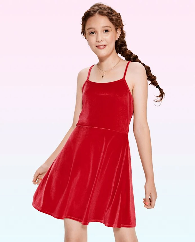 Tween Girls Velour Strappy Skater Dress