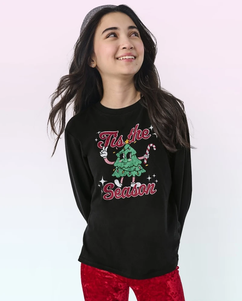 Tween Girls Christmas Tree Oversized Graphic Tee