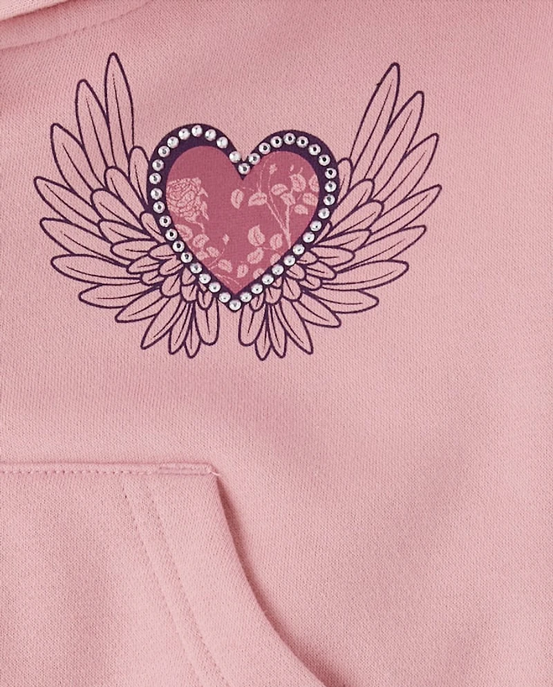 Tween Girls Heart Fleece Cropped Zip Up Hoodie