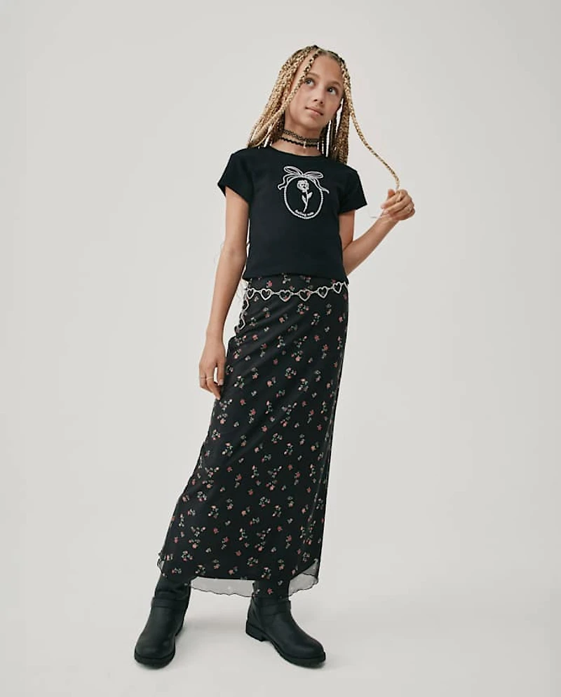 Tween Girls Floral Mesh Maxi Skirt
