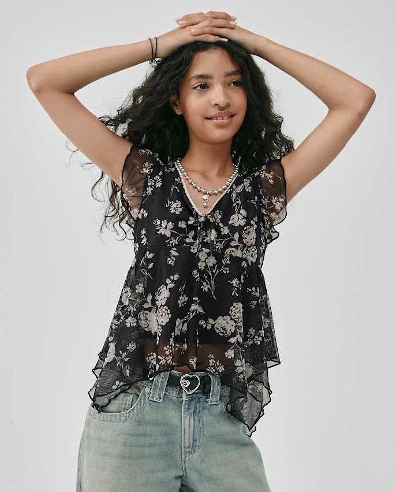Tween Girls Mesh Asymmetrical Top