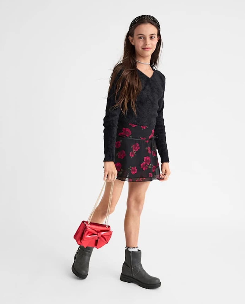 Tween Girls Floral Chiffon Faux Wrap Skort