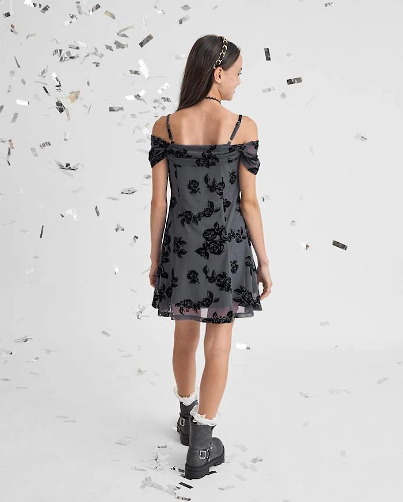 Tween Girls Textured Floral Off-Shoulder Dress