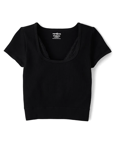 Tween Girls Lace Ribbed Seamless Top