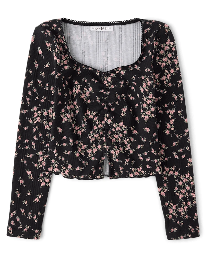 Tween Girls Floral Cinched Split Front Top