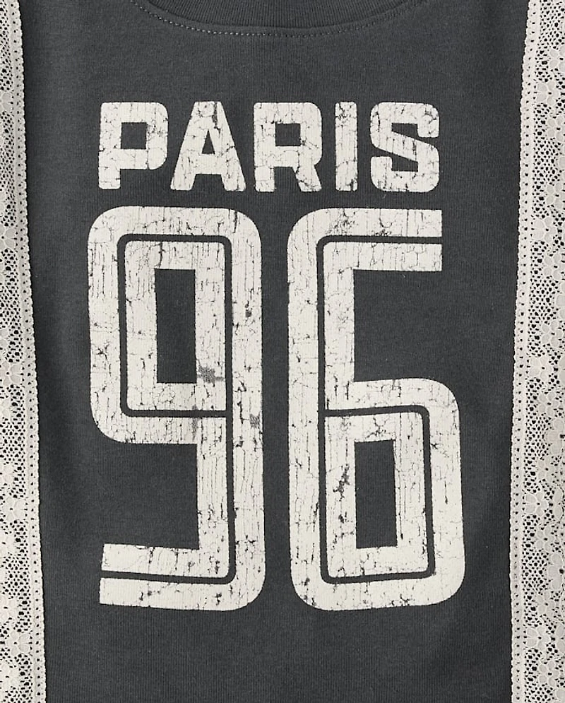 Tween Girls Lace Trim Varsity Graphic Top