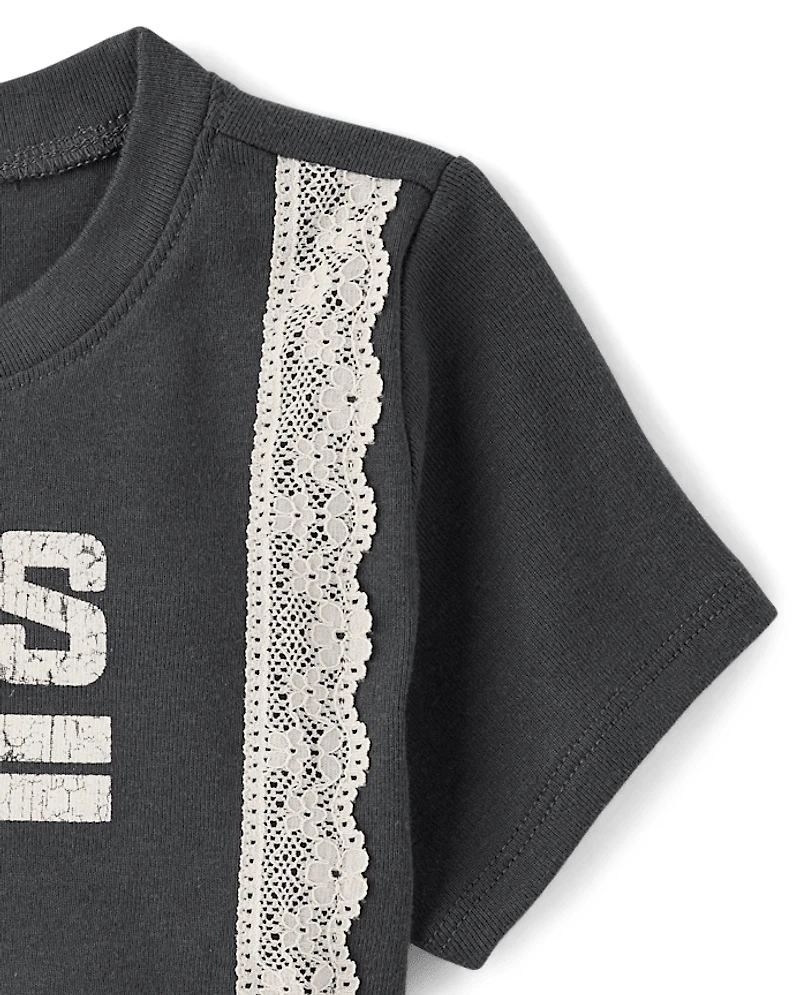 Tween Girls Lace Trim Varsity Graphic Top