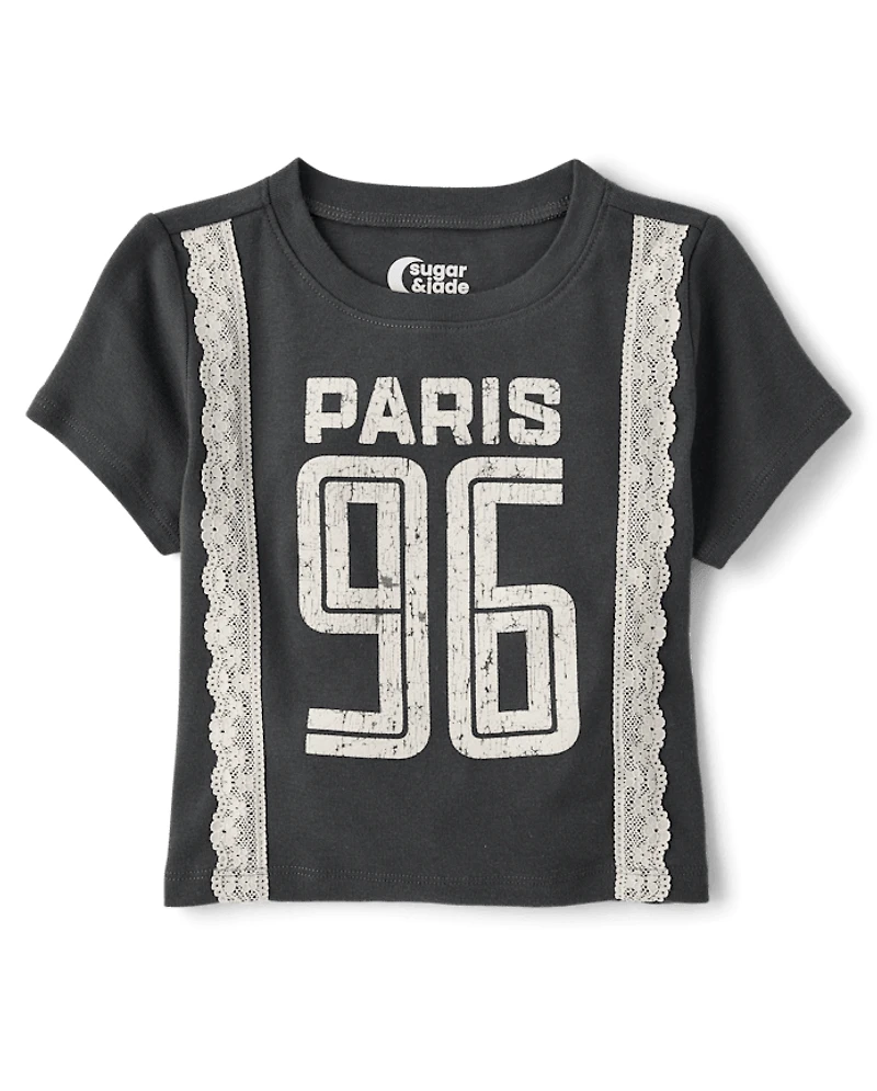 Tween Girls Lace Trim Varsity Graphic Top