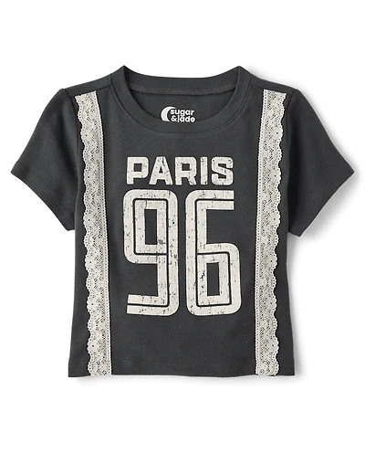 Tween Girls Lace Trim Varsity Graphic Top