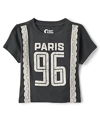 Tween Girls Lace Trim Varsity Graphic Top