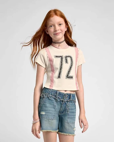 Tween Girls Lace Trim Varsity Graphic Top