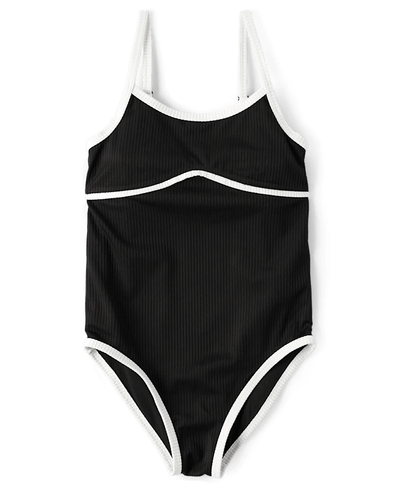 Tween Girls Contrast Ribbed One Piece Swimsuit