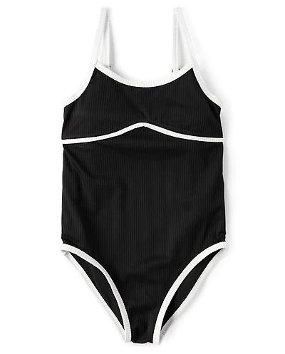 Tween Girls Contrast Ribbed One Piece Swimsuit