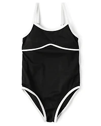 Tween Girls Contrast Ribbed One Piece Swimsuit