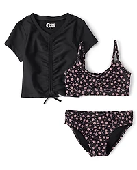 Tween Girls Floral Ruched 3-Piece Swimsuit