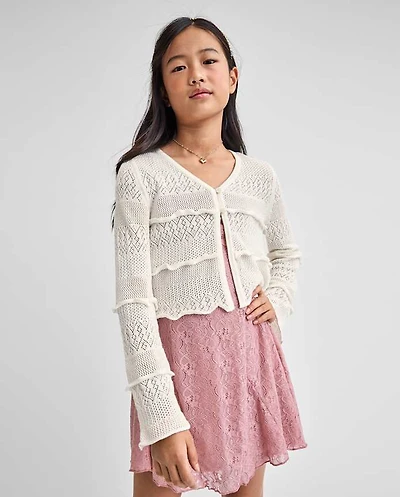 Tween Girls Ruffle Pointelle Cardigan