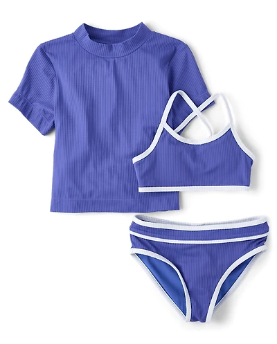 Tween Girls Contrast Ribbed 3-Piece Swimsuit