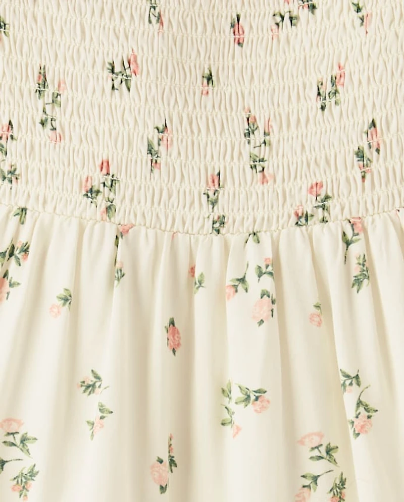 Tween Girls Floral Smocked Off Shoulder Dress